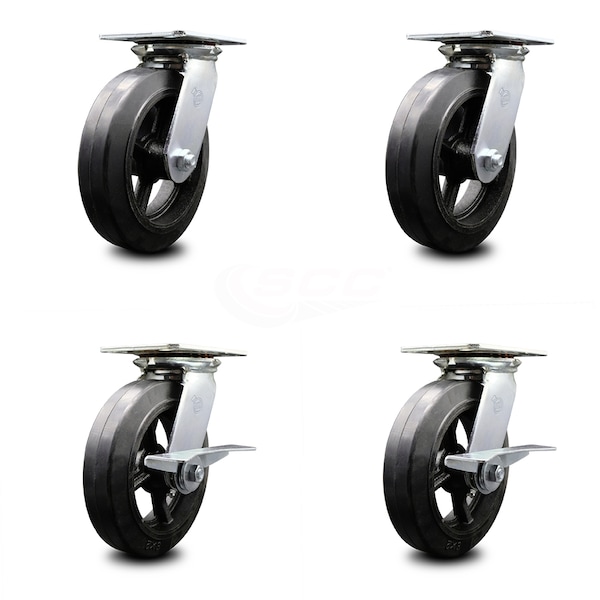 8 Inch Rubber on Steel Swivel Caster Set with Ball Bearings 2 Brakes SCC